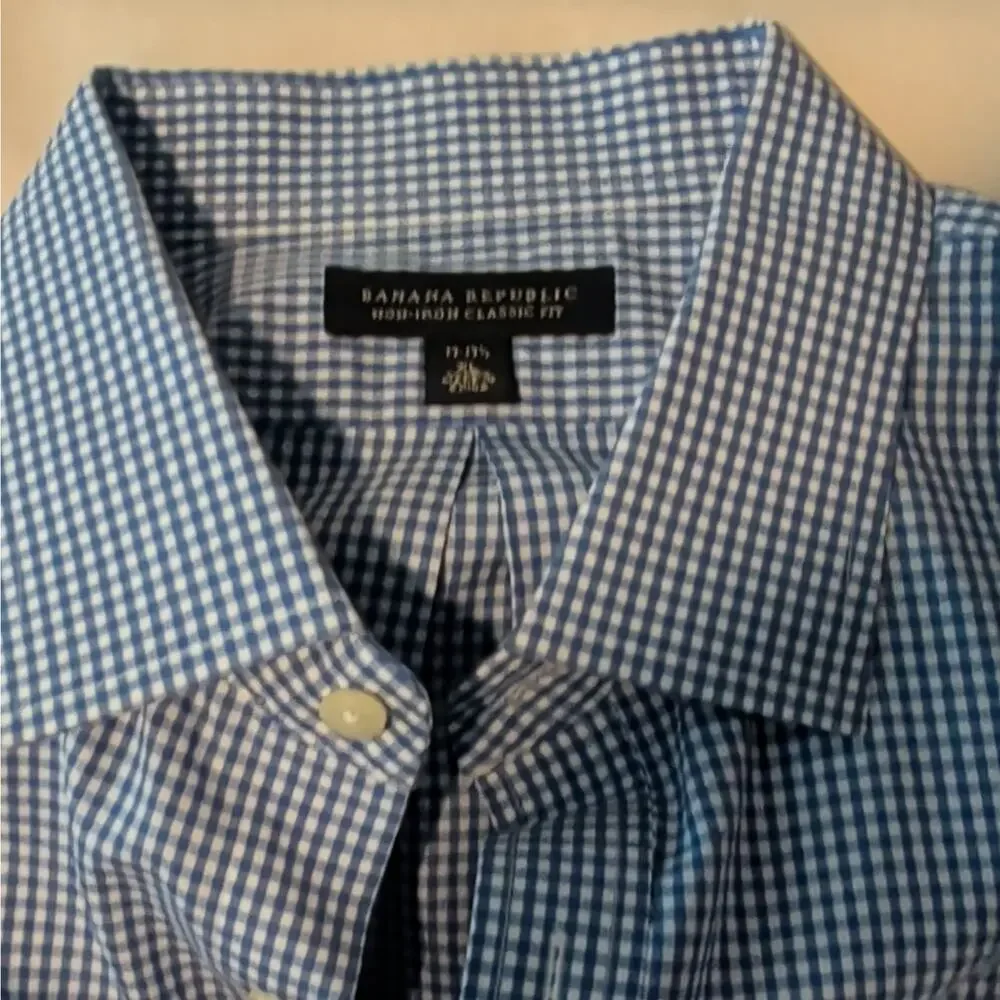 Banana Republic Men's 17.5 32/33 Blue/White Check Non-Iron Cotton Dress Shirt